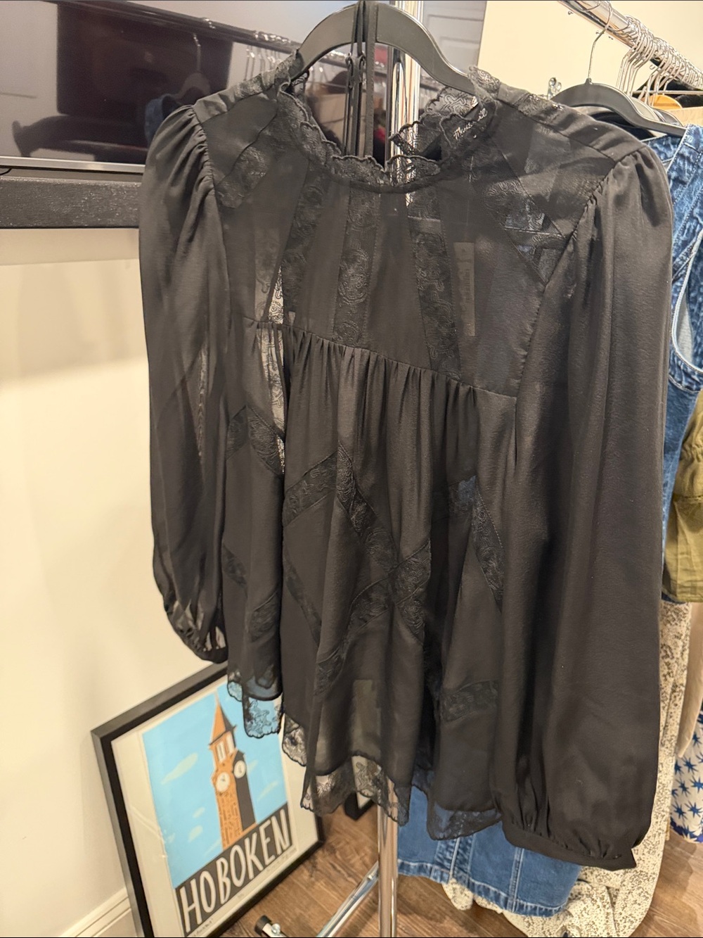 Madewell Black Sheer Lace-Trim Long-Sleeve Blouse - Picture 2 of 5